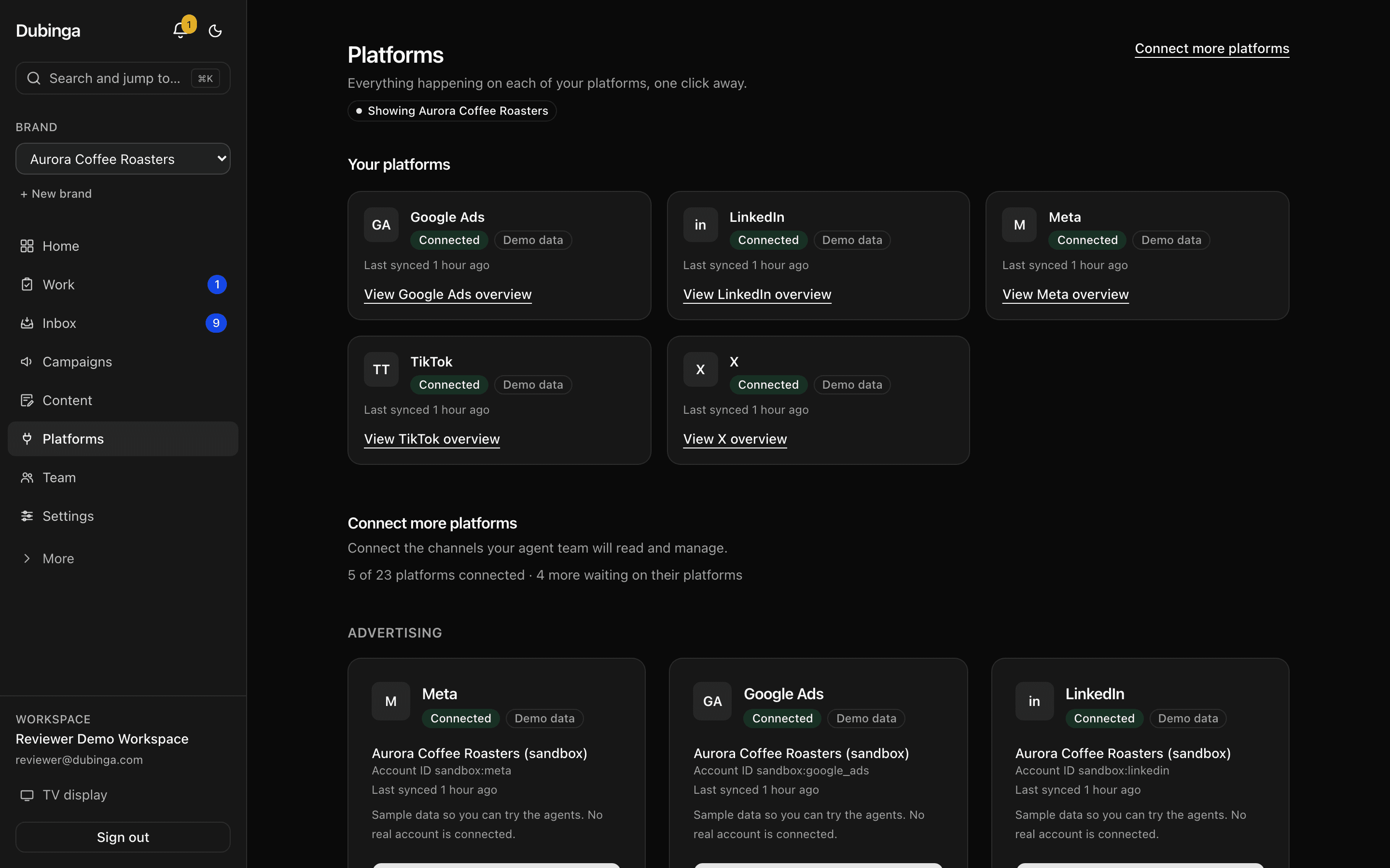 The Dubinga connections page listing five connected marketing platforms, each with a sandbox label and its connection status.
